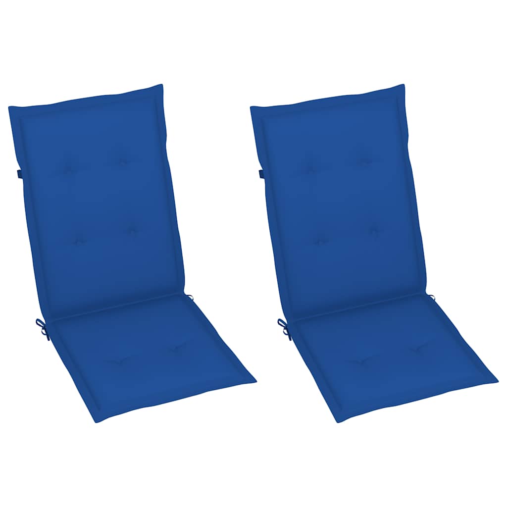 Sedie pieghevoli, 2 pezzi, con cuscini blu royal, in legno massello di teak.