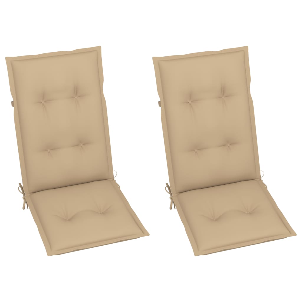 Sedie pieghevoli, 2 pezzi, con cuscini beige, in legno massello di teak.