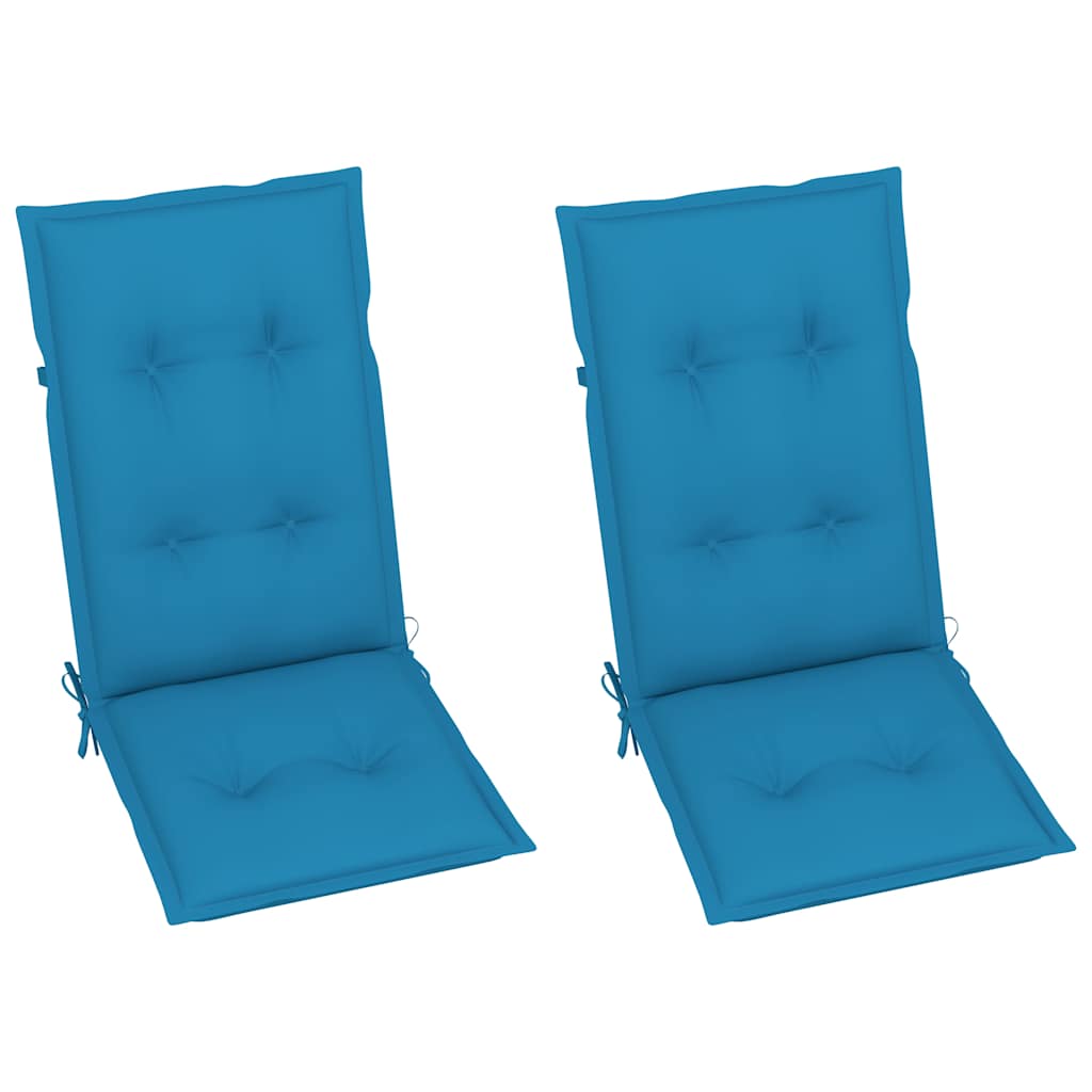 Sedie pieghevoli, 2 pezzi, con cuscini blu, in legno massello di teak.