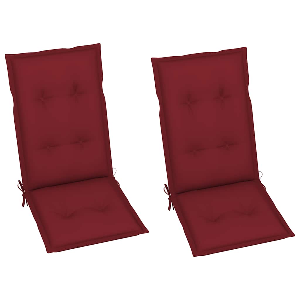Sedie pieghevoli, 2 pezzi, con cuscini color rosso vino, in legno massello di teak.