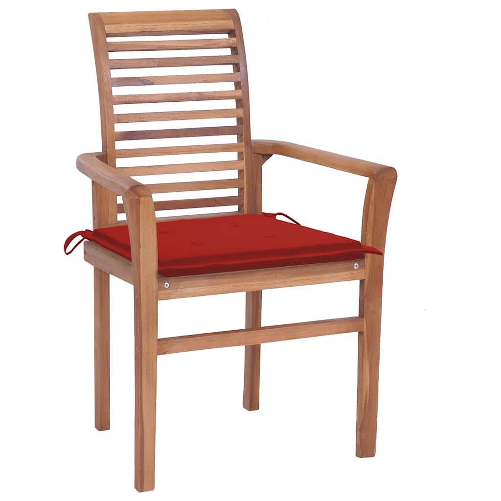 Sedie da Pranzo 4 pz con Cuscini Rossi in Massello di Teak