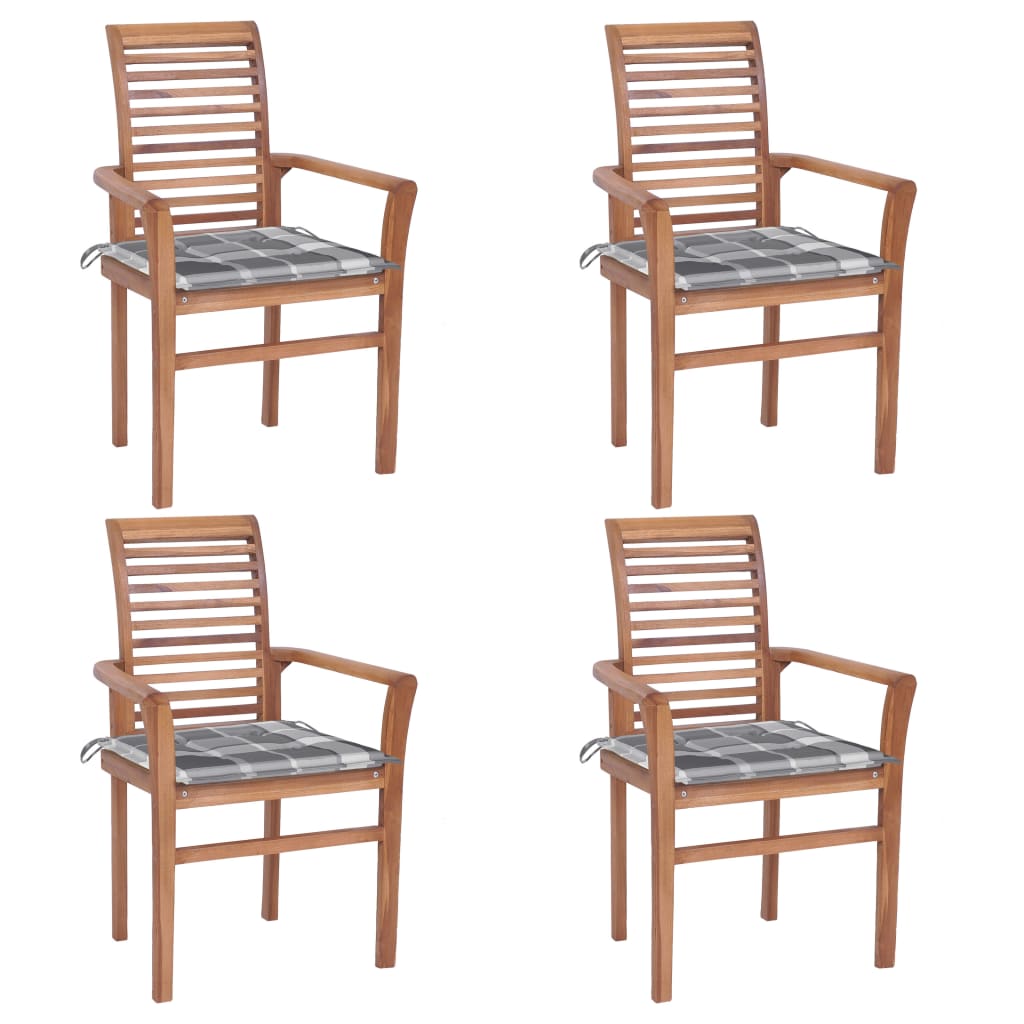 Sedie da Pranzo 4 pz e Cuscini Grigi a Quadri Massello di Teak