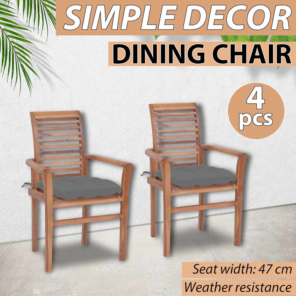 Sedie da Pranzo 4 pz con Cuscini Grigi in Massello di Teak