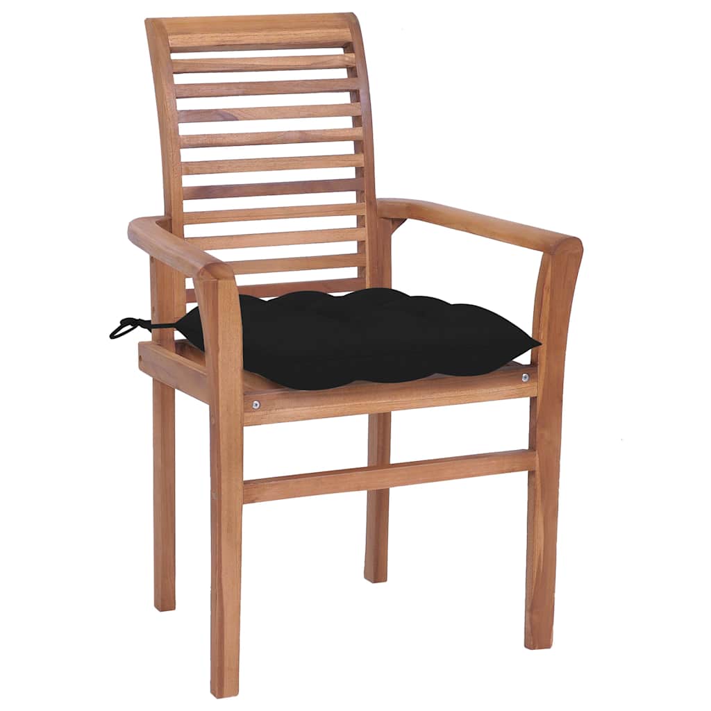 Sedie da Pranzo 4 pz con Cuscini Neri in Massello di Teak