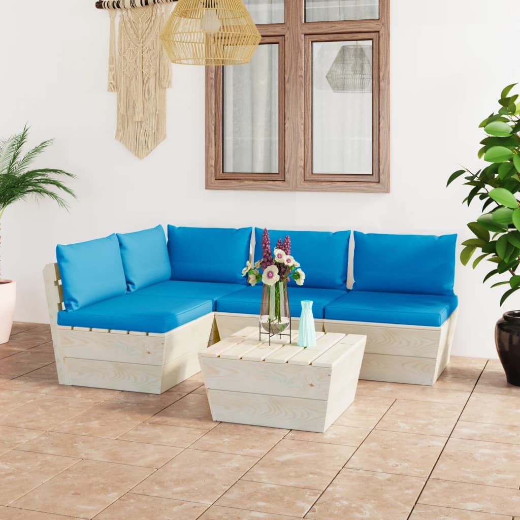 Set Divani da Giardino su Pallet 5 pz con Cuscini Legno Abete