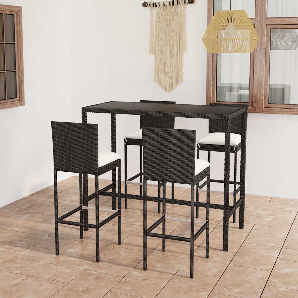Set Bar da Giardino 5 pz con Cuscini in Polyrattan Nero