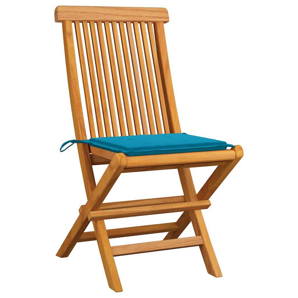 Sedie pieghevoli con cuscini blu, 6 pezzi, in legno massello di teak.