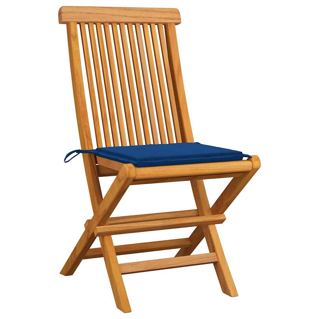 Sedie pieghevoli con cuscini blu royal, 6 pezzi, in legno massello di teak.