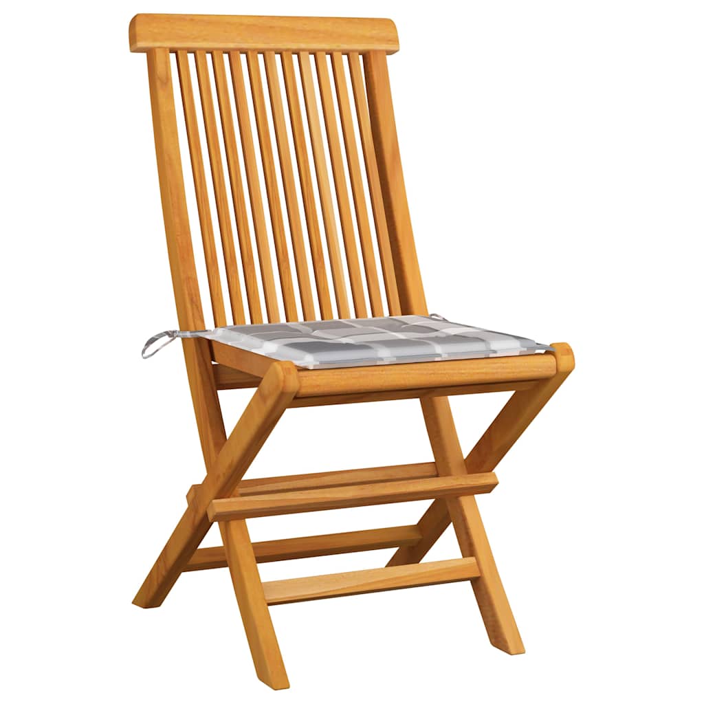 Sedie Pieghevoli e Cuscini Grigi a Quadri 6 pz Massello Teak