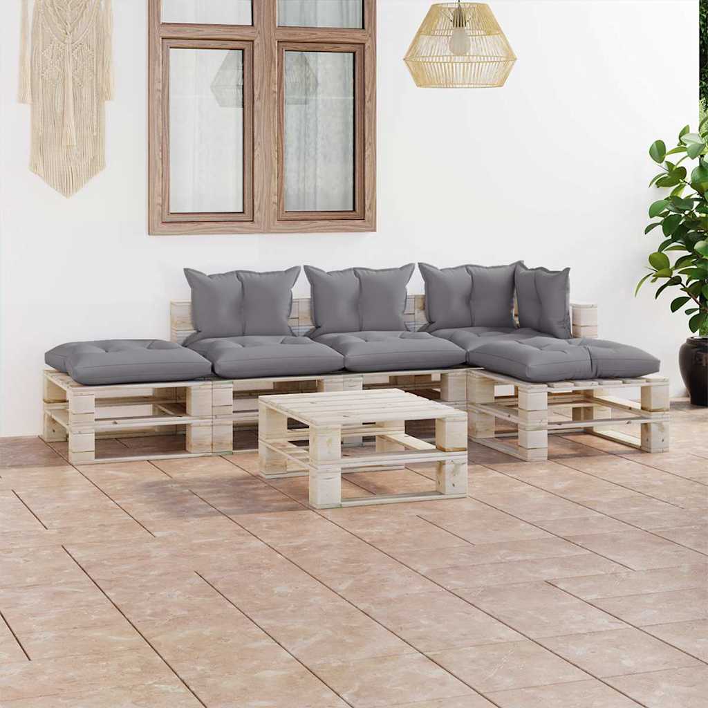 Set Divani da Giardino Pallet 6 pz con Cuscini in Legno di Pino