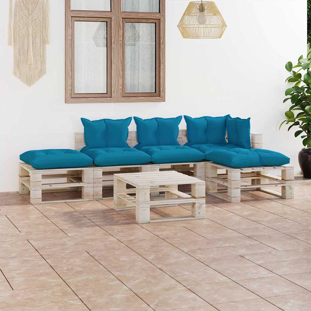 Set Divani da Giardino Pallet 6 pz con Cuscini in Legno di Pino