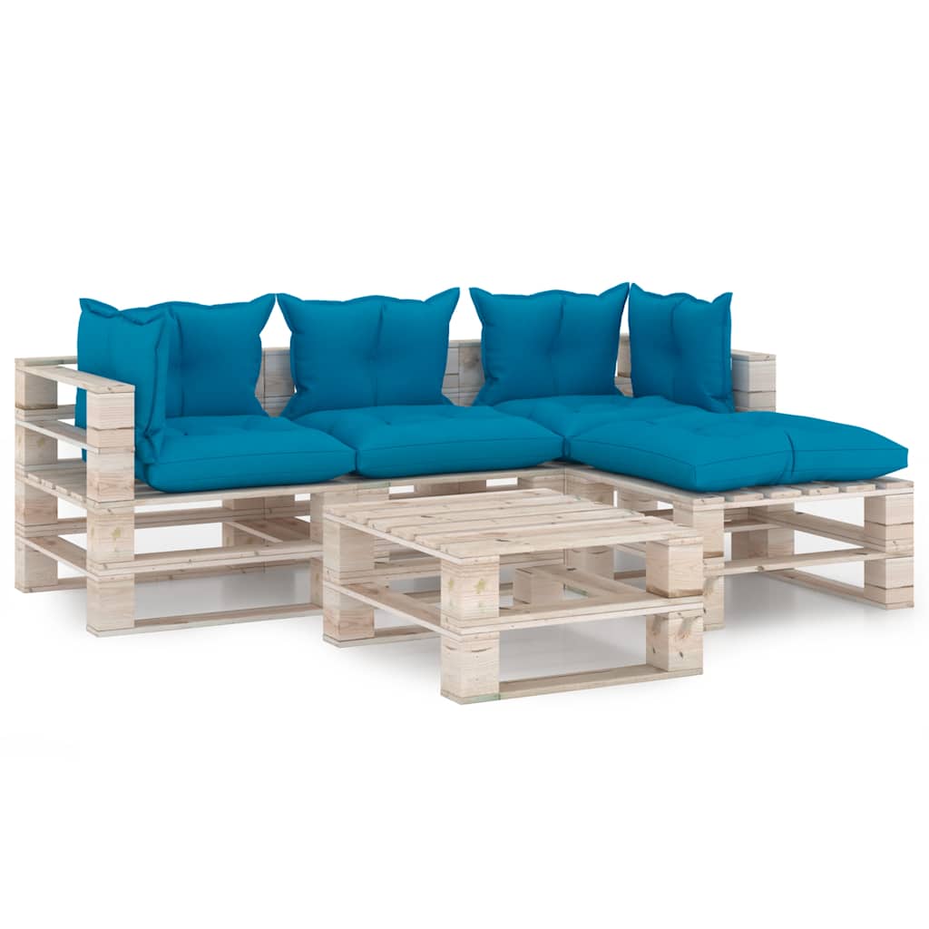 Set Salotto Giardino su Pallet Cuscini 5 pz in Legno di Pino