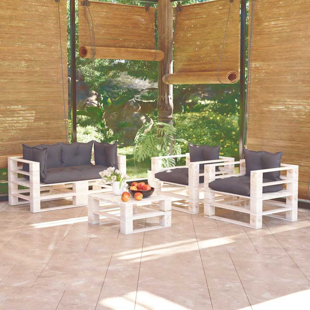 Set Divani da Giardino Pallet 5 pz con Cuscini in Legno di Pino
