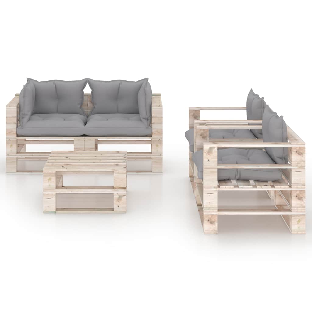 Set Divani da Giardino Pallet 5 pz con Cuscini in Legno di Pino