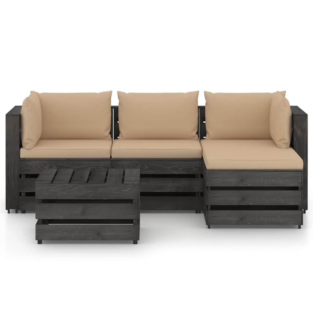 Set Salotto da Giardino 5pz con Cuscini Legno Impregnato Grigio