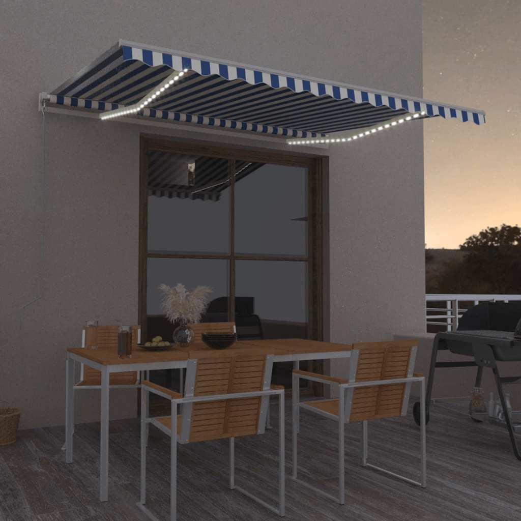 Tenda Automatica con Sensore Vento e LED 450x300 cm Blu Bianca