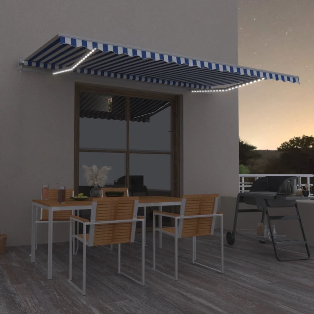 Tenda da Sole Retrattile Manuale con LED 500x300cm Blu e Bianco