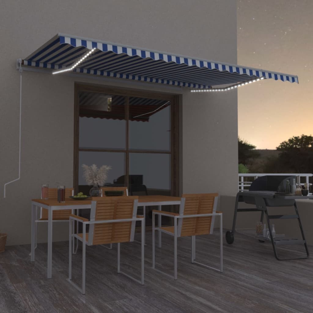 Tenda Automatica Sensore Vento e LED 500x300 cm Blu Bianca