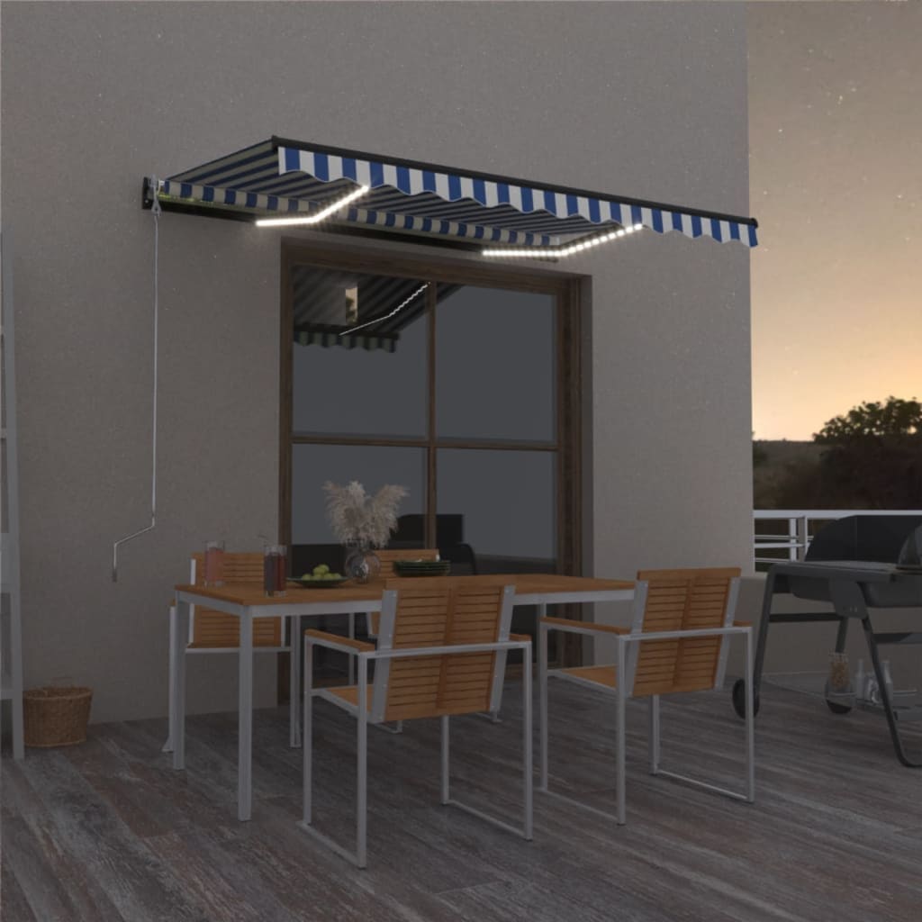 Tenda da Sole Retrattile Manuale con LED 300x250cm Blu e Bianco
