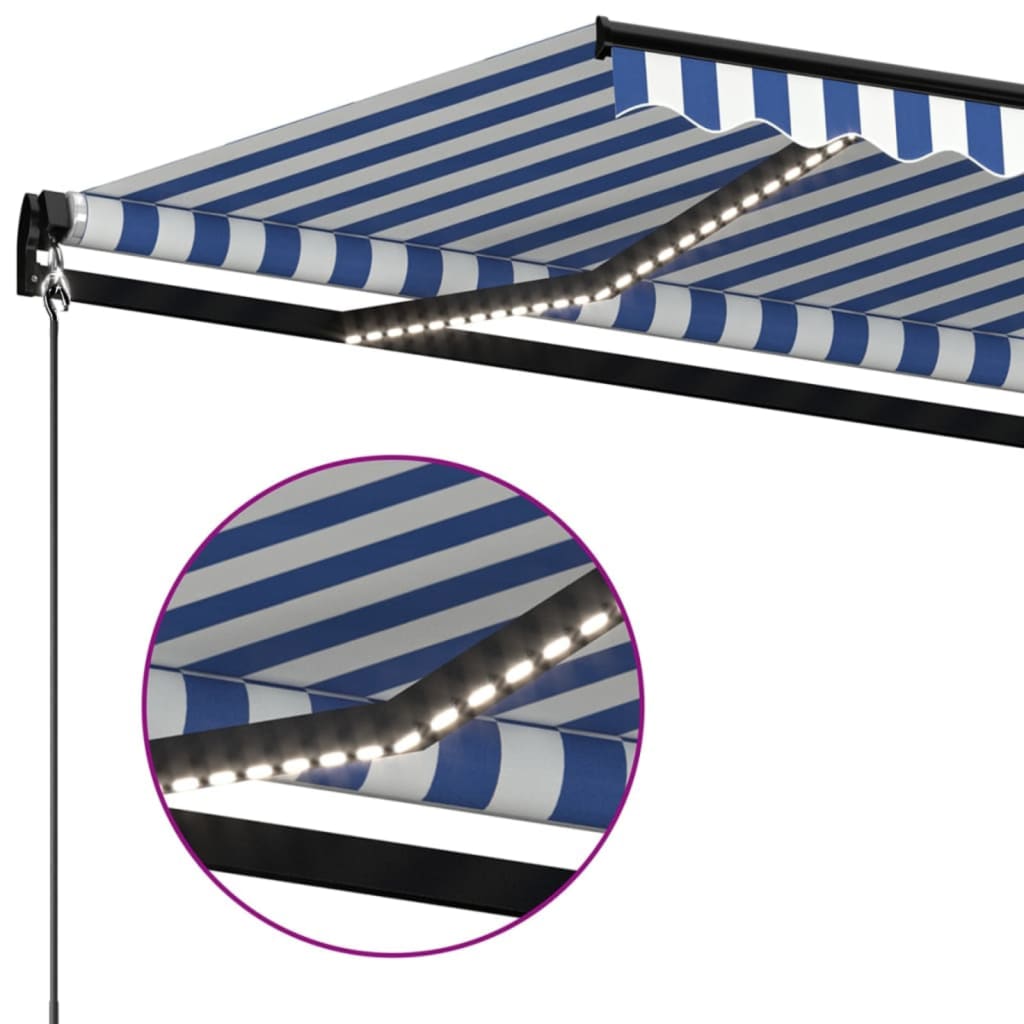 Tenda da Sole Retrattile Manuale con LED 300x250cm Blu e Bianco