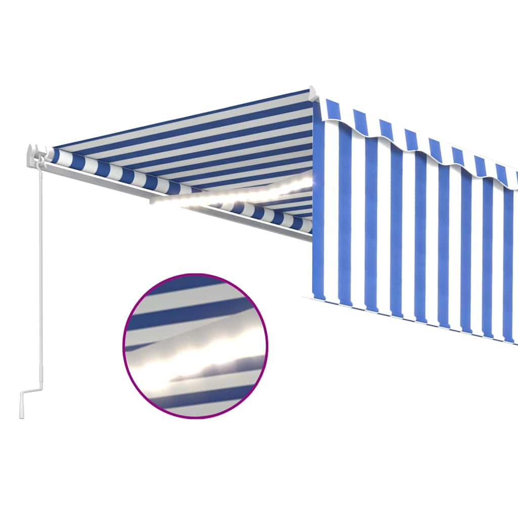 Tenda Sole Retrattile Manuale con LED 5x3m Blu e Bianco