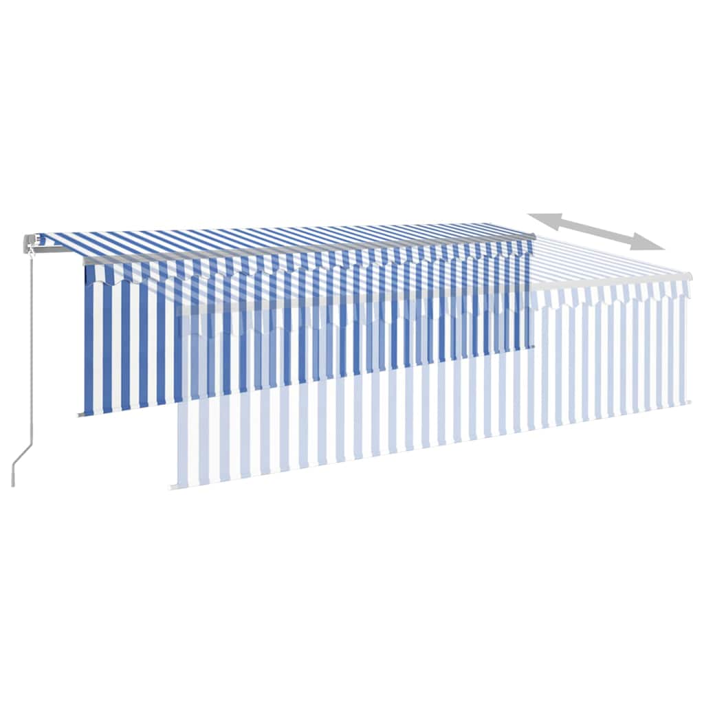 Tenda Sole Retrattile Manuale con LED 5x3m Blu e Bianco