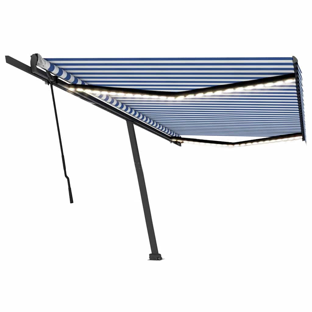 Tenda da Sole Retrattile Manuale con LED 500x300cm Blu e Bianca