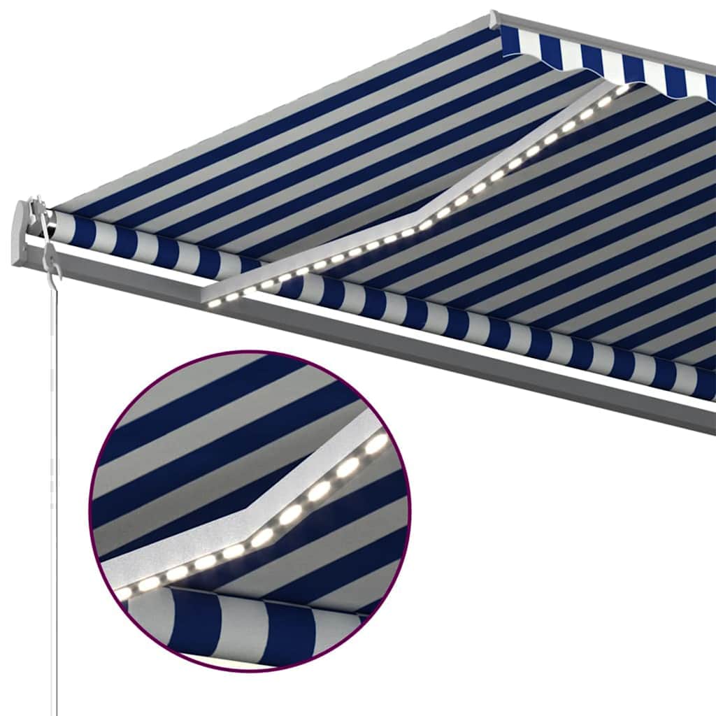Tenda da Sole Retrattile Manuale con LED 500x300cm Blu e Bianca