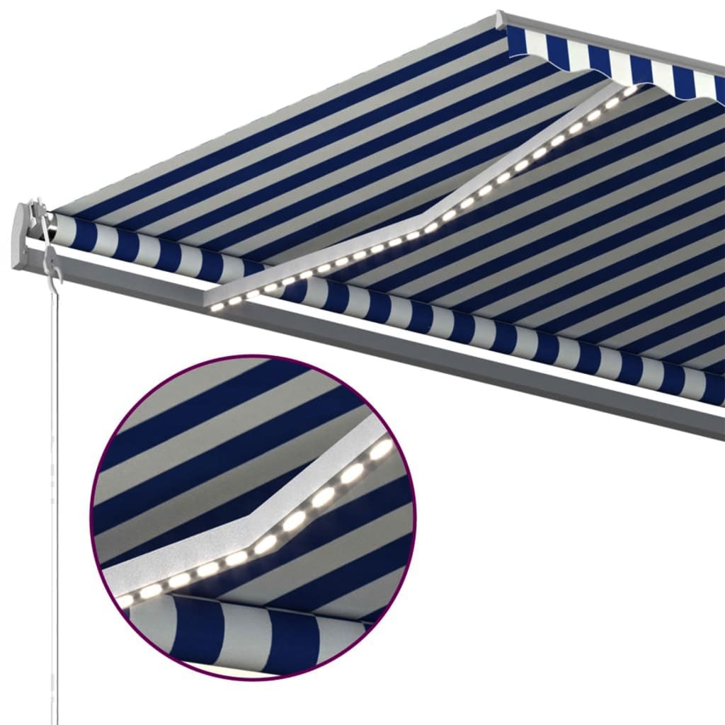Tenda da Sole Retrattile Manuale con LED 600x300cm Blu e Bianco