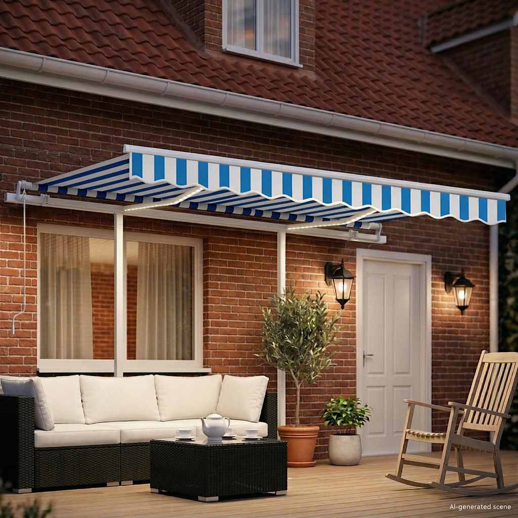 Tenda da Sole Retrattile Manuale con LED 3x2,5 m Blu e Bianco