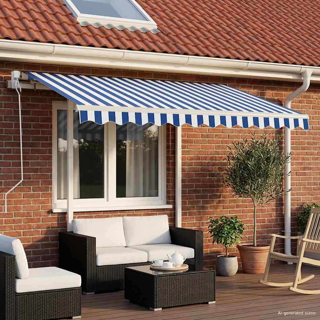 Tenda da Sole Retrattile Automatica con Pali 3x2,5m Blu Bianca