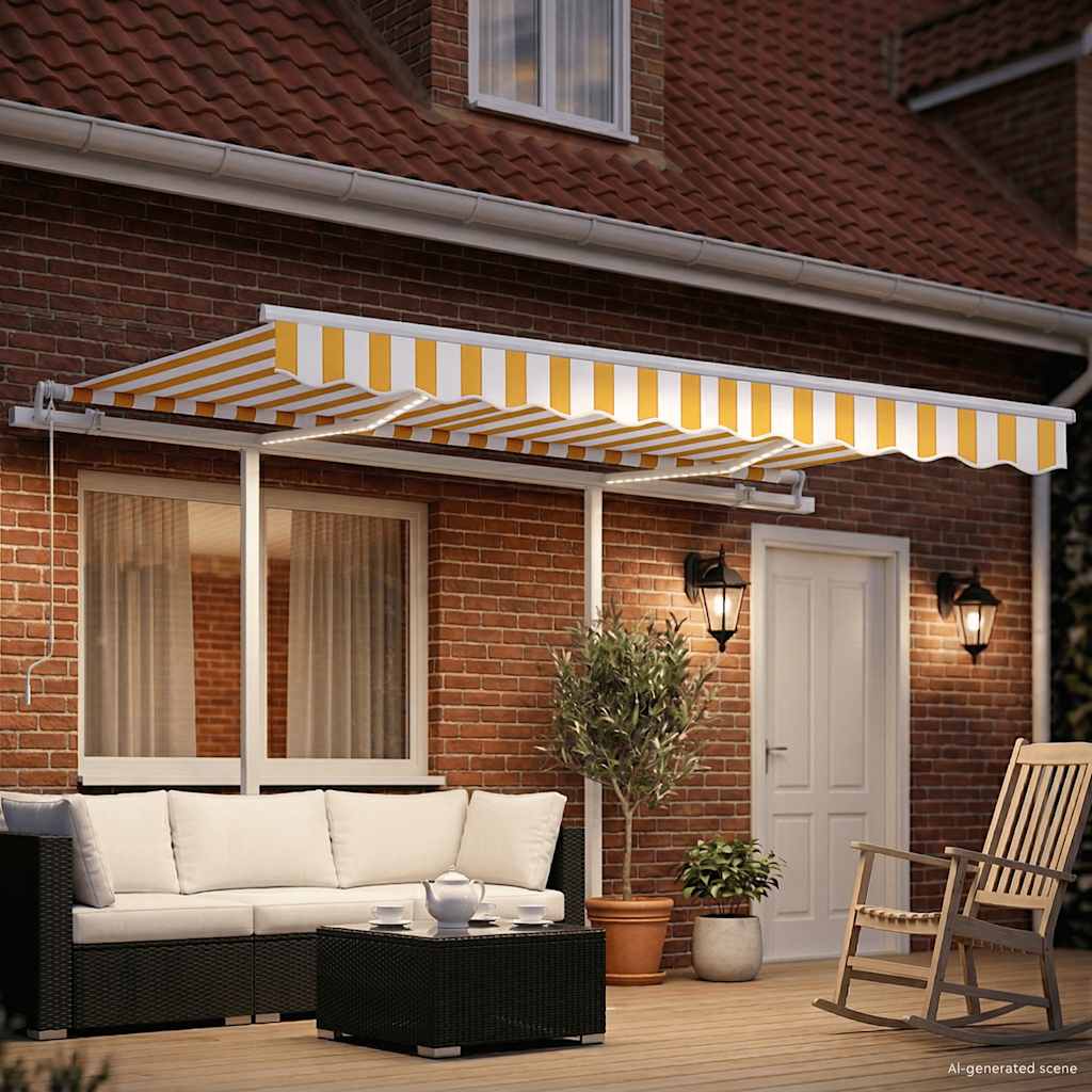 Tenda da Sole Retrattile Manuale con LED 3,5x2,5m Gialla Bianca