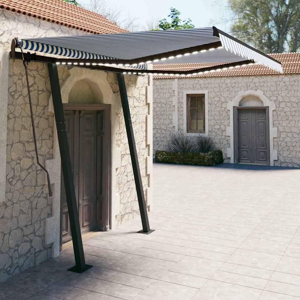 Tenda da Sole Retrattile Manuale con LED 3x2,5 m Blu e Bianco