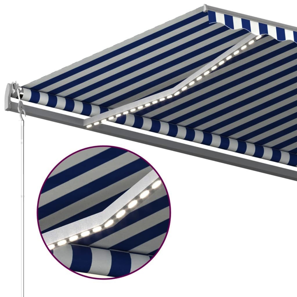 Tenda da Sole Retrattile Manuale con LED 6x3,5 m Blu e Bianca