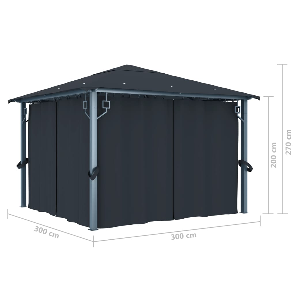 Gazebo con Tende e Luci LED 300x300 cm Antracite in Alluminio