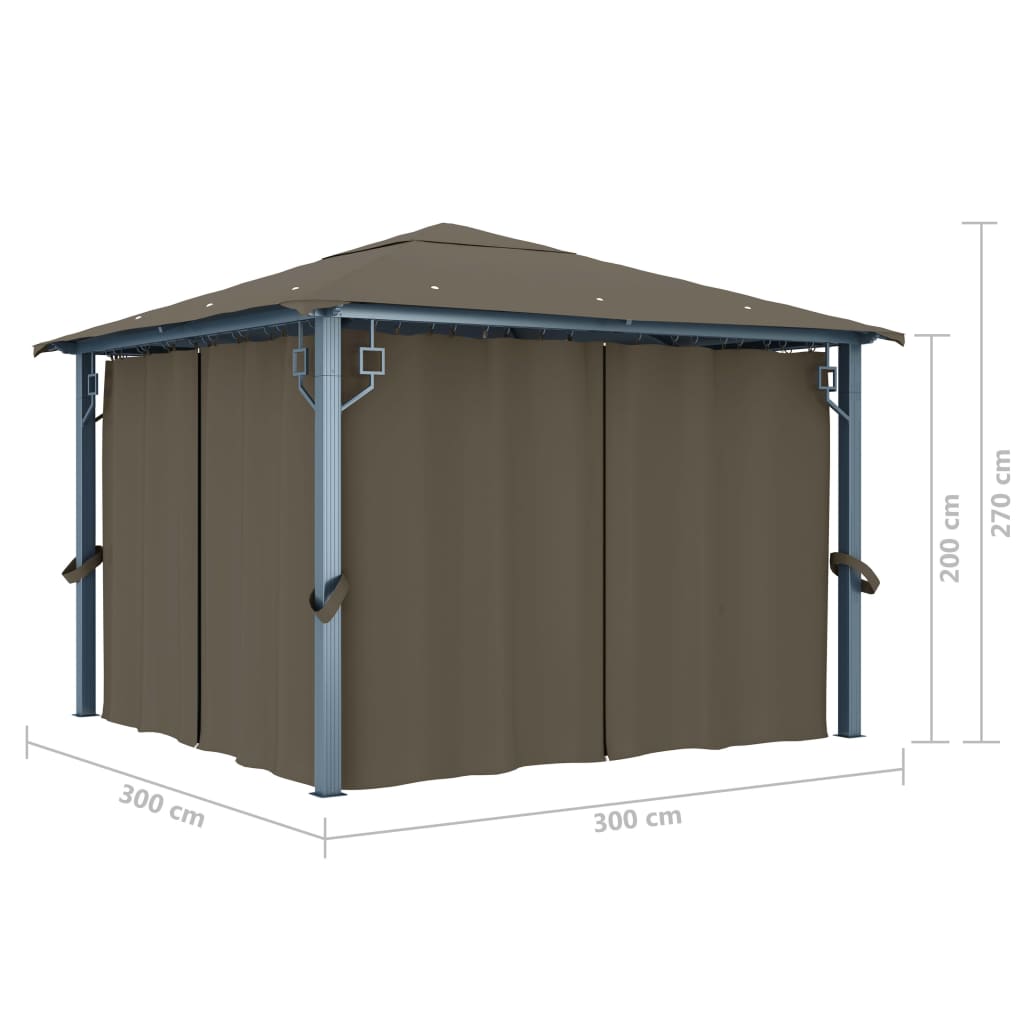 Gazebo con Tende e Luci LED 300x300 cm Grigio Talpa Alluminio