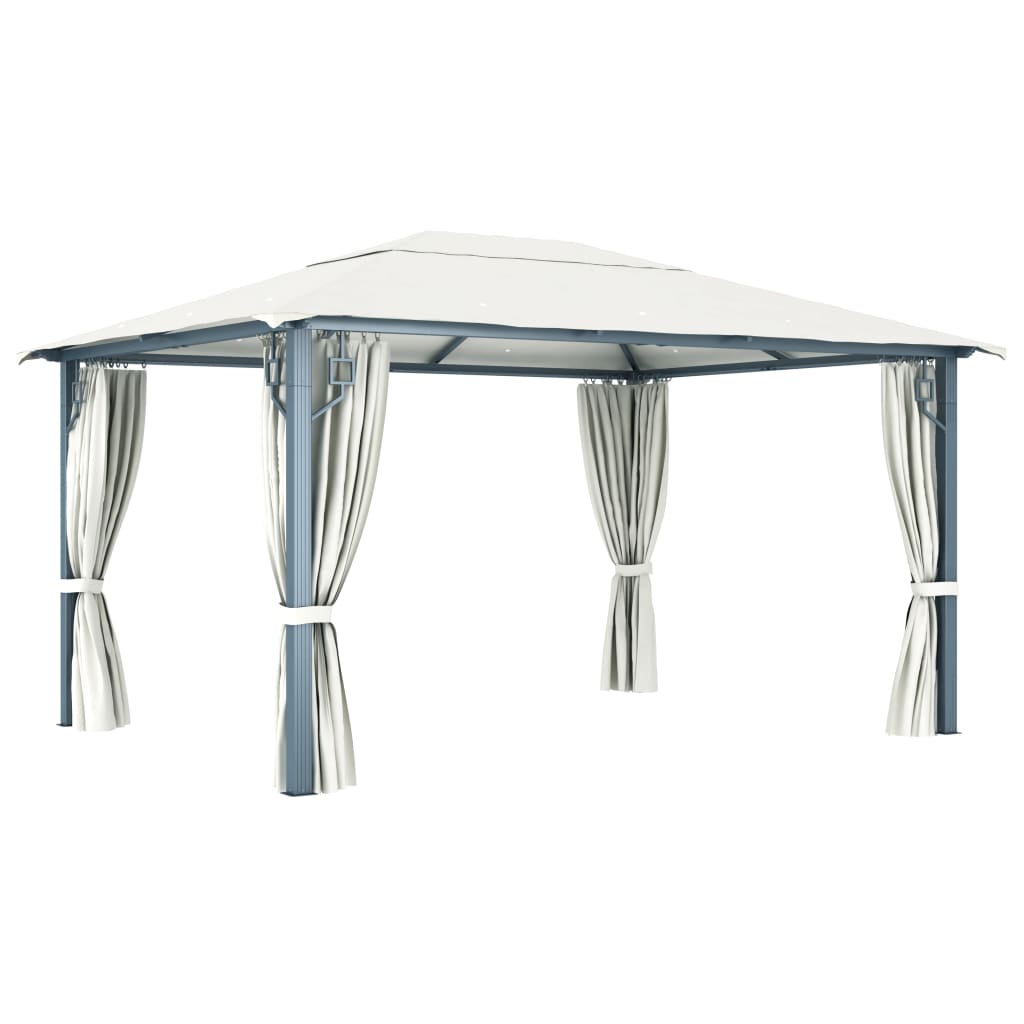 Gazebo con Tende Stringa di Luci LED 400x300 cm Crema Alluminio