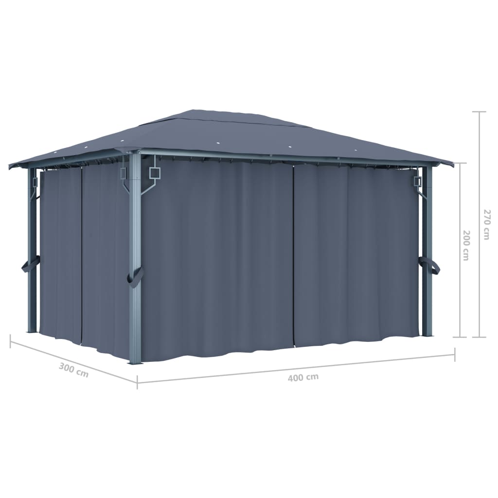 Gazebo con Tende e Luci LED 400x300 cm Antracite in Alluminio