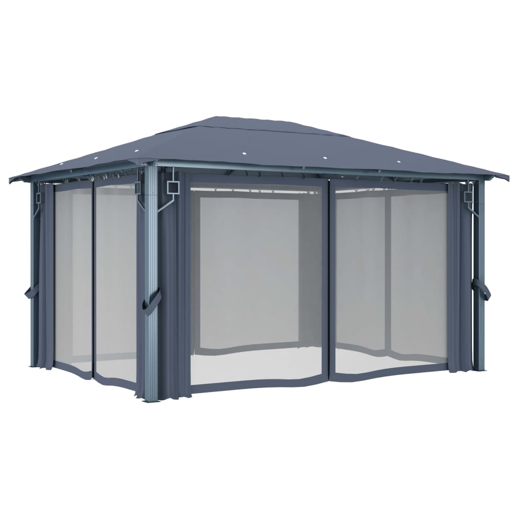 Gazebo con Tende e Luci LED 400x300 cm Antracite in Alluminio