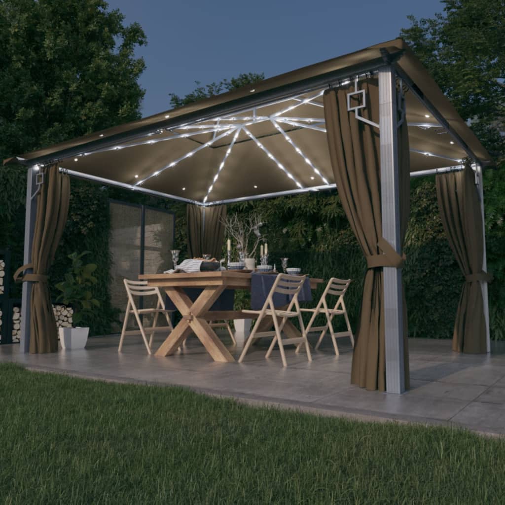 Gazebo con Tende e Luci LED 400x300 cm Grigio Talpa Alluminio