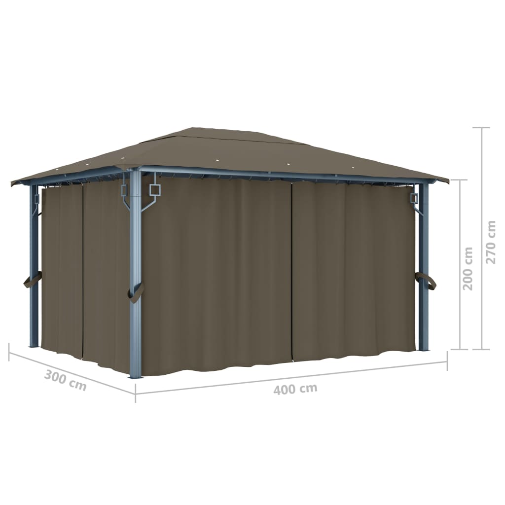 Gazebo con Tende e Luci LED 400x300 cm Grigio Talpa Alluminio