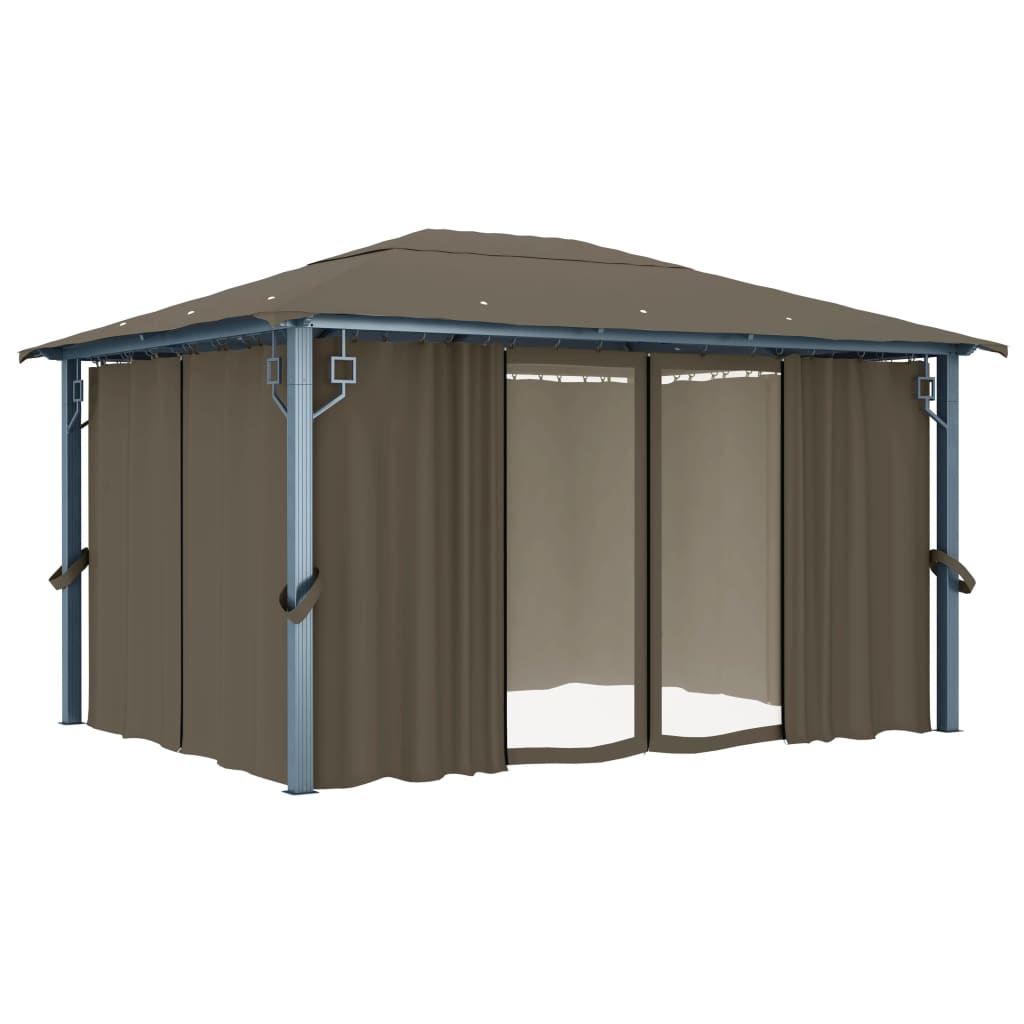 Gazebo con Tende e Luci LED 400x300 cm Grigio Talpa Alluminio
