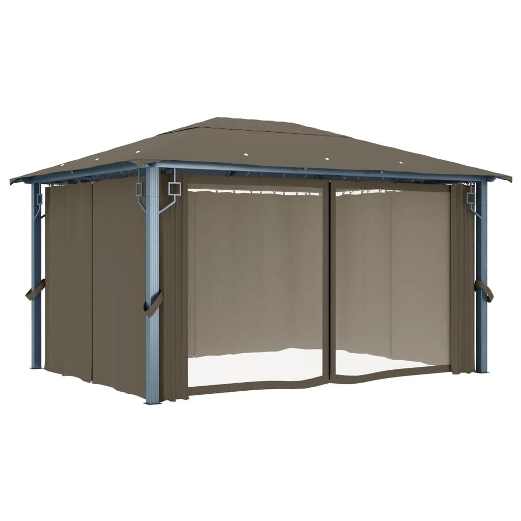 Gazebo con Tende e Luci LED 400x300 cm Grigio Talpa Alluminio