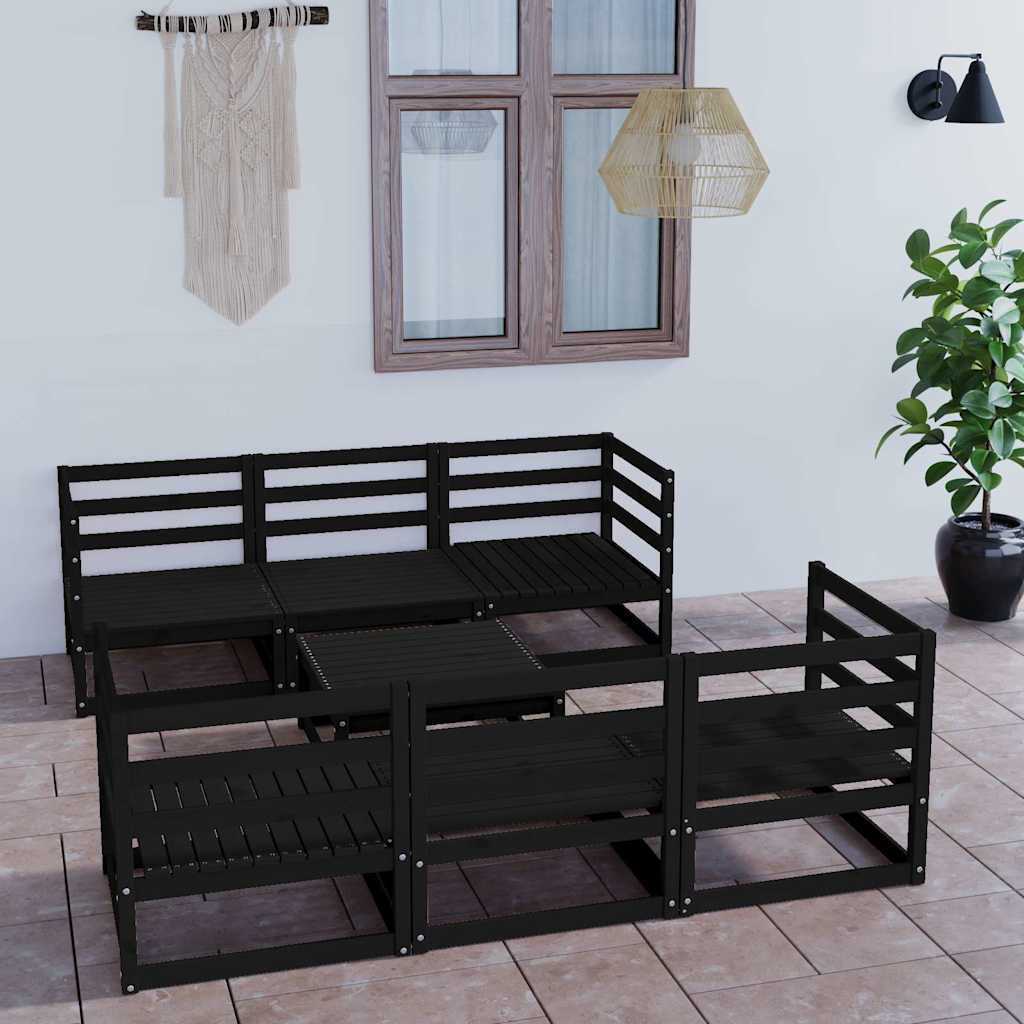 Set Divani da Giardino 7 pz Nero in Legno Massello di Pino