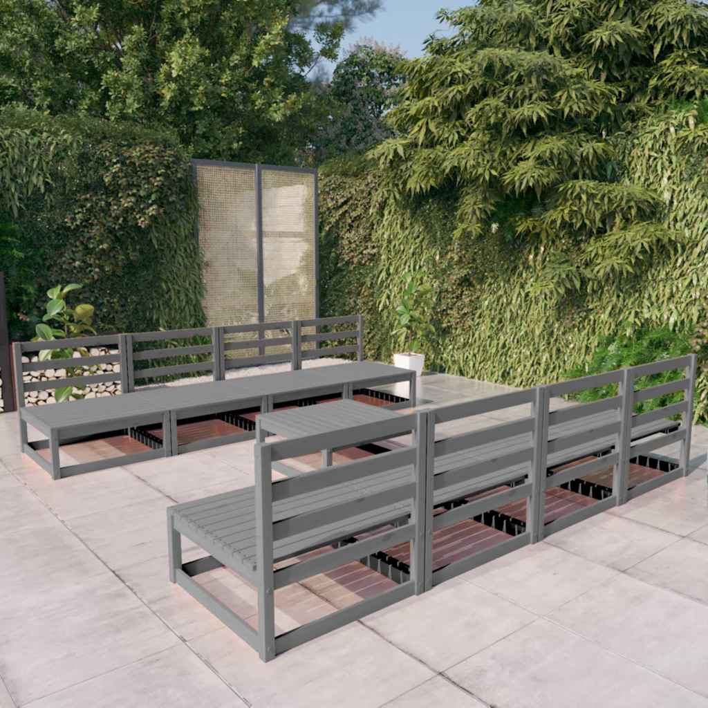 Set Divani da Giardino 9 pz Grigio in Legno Massello di Pino