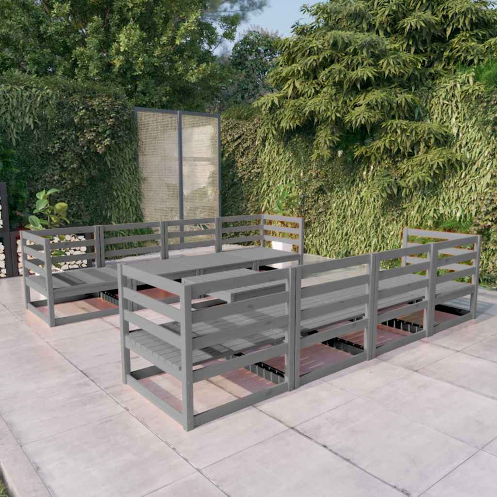 Set Divani da Giardino 9 pz Grigio in Legno Massello di Pino