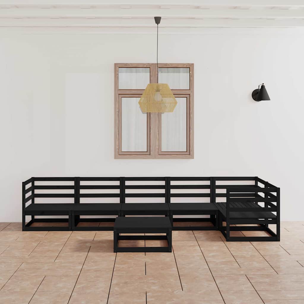 Set Divani da Giardino 7 pz Nero in Legno Massello di Pino