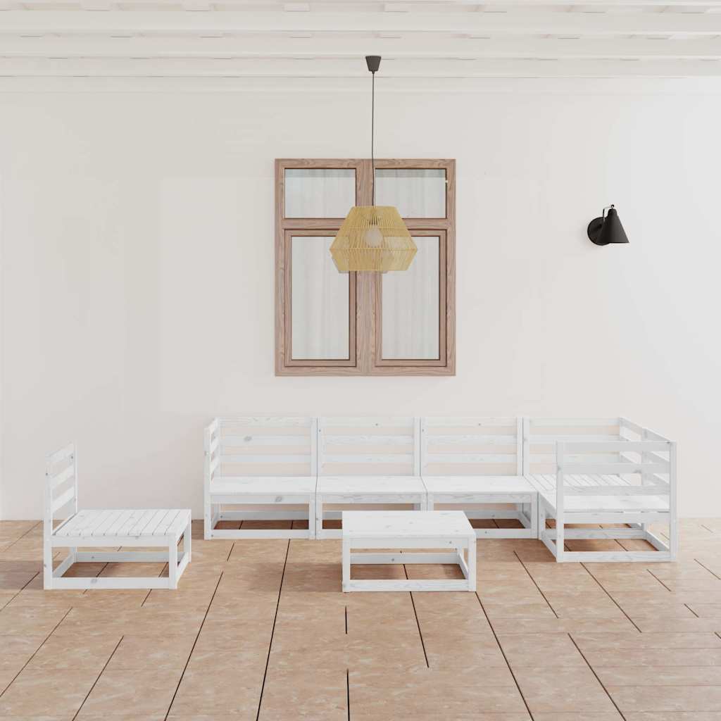 Set Divani da Giardino 7 pz Bianchi in Legno Massello di Pino