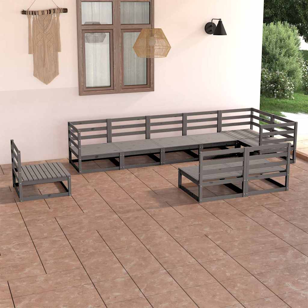 Set Divani da Giardino 9 pz Grigio in Legno Massello di Pino