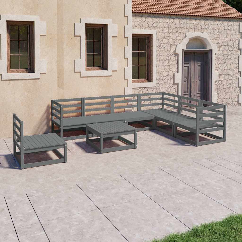 Set Divani da Giardino 8 pz Grigi in Legno Massello di Pino